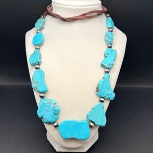 Faux Turquoise Slab Necklace Blue Chunky Leather Southwestern Boho 30"